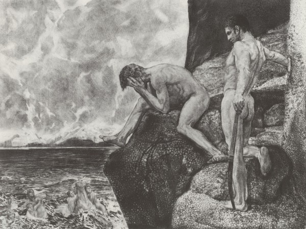 Two man at the edge of a cliff by Max Klinger